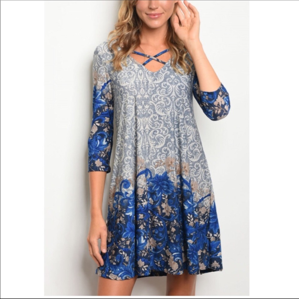 💐STUNNING TAN & COBALT BLUE SWING / SKATER DRESS